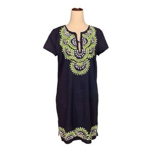 Miami Navy Blue Tunic Dress Boho Lime Green White Embellishments Size Medium
